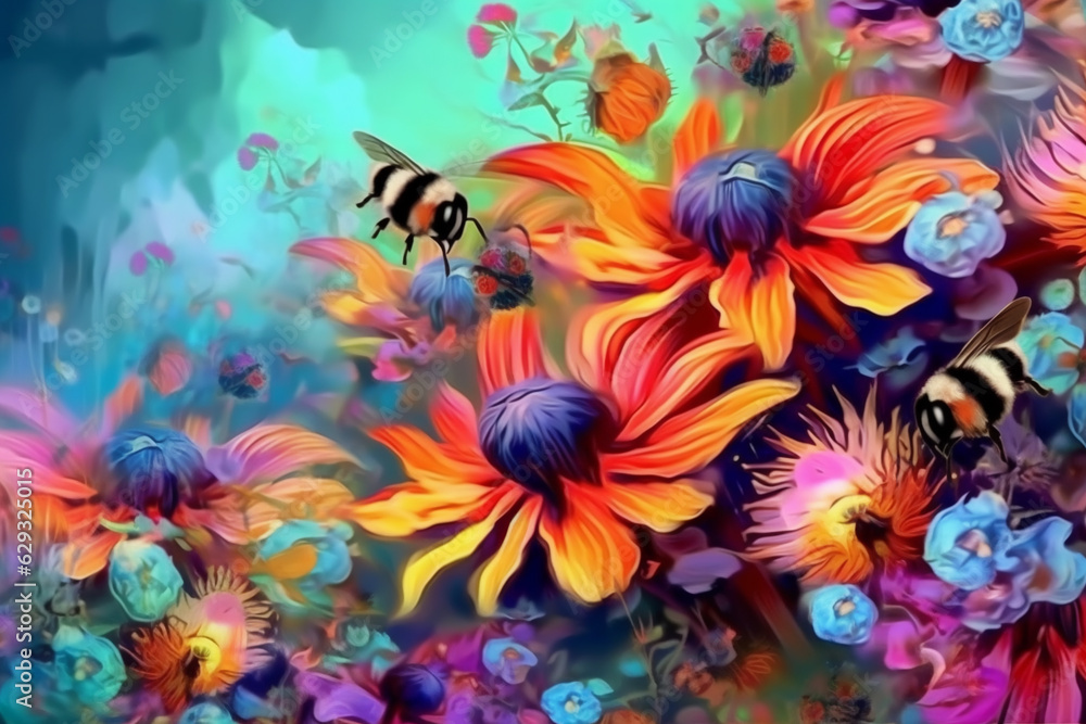 A close up shot of colorful wild flowers with a bee. Bee Collects honey on flowers. Generative AI