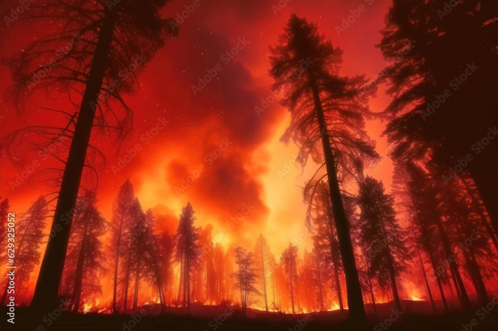 Night-time forest wildfire, trees aflame beneath a scarlet sky. Perspective view from below