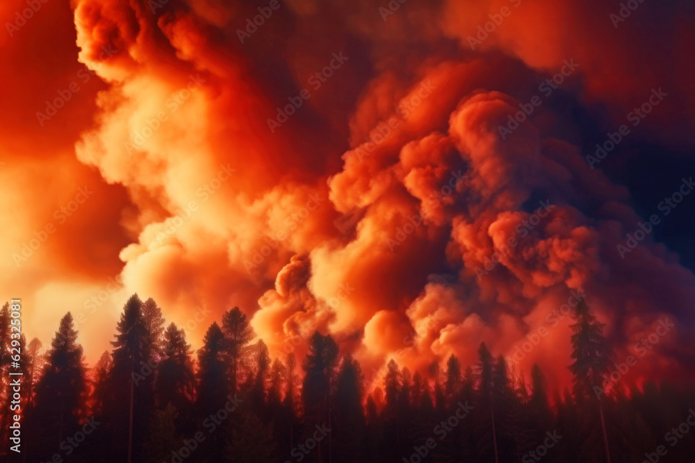 Dramatic wildfire, huge clouds of heavy smoke in fiery red sky over burning forest