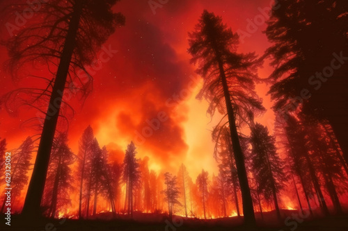 Night-time forest wildfire, trees aflame beneath a scarlet sky. Perspective view from below