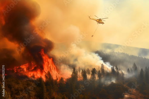 Firefighting helicopter carrying a water bucket on its route across smoke filled sky to fight forest wildfire