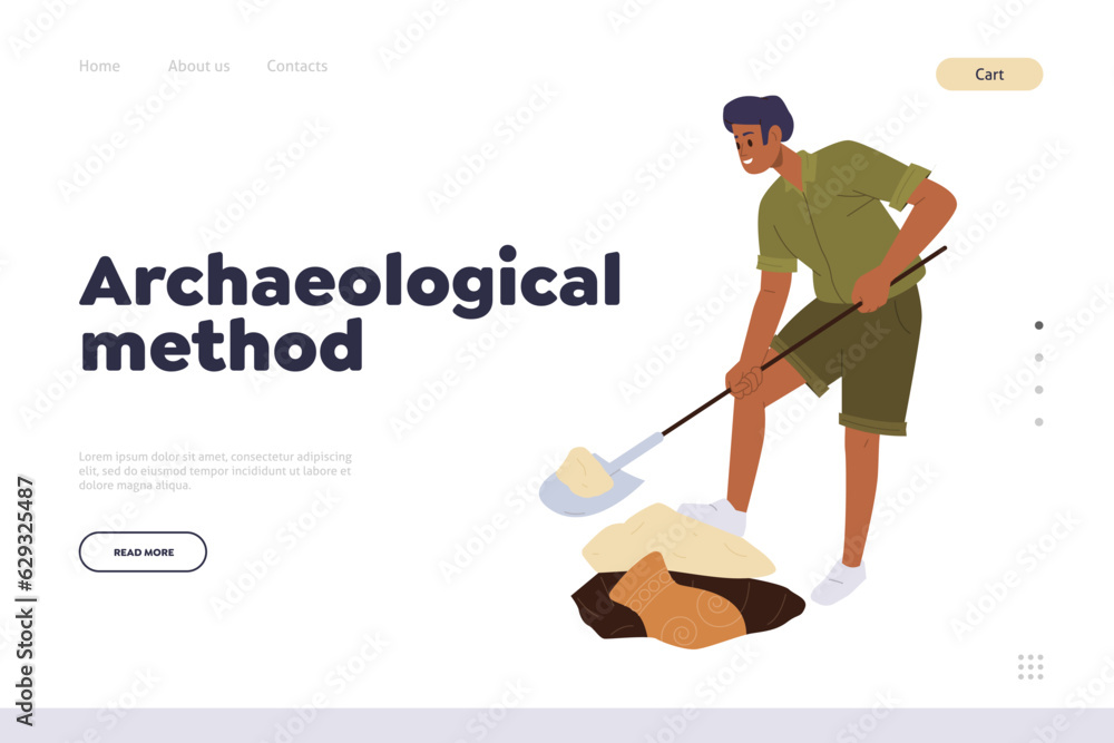 Archaeological method landing page design template with fossil artifact hunter at work digging soil