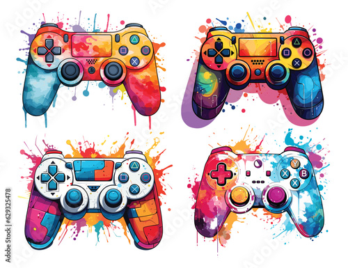Hand drawn colorful video game controller collection