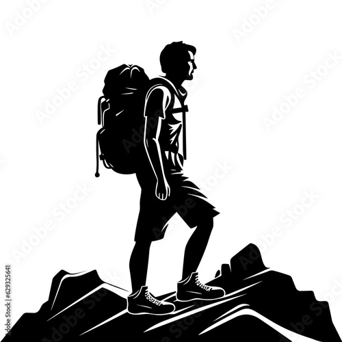 Hiker climber at mountain top summit black silhouette vector