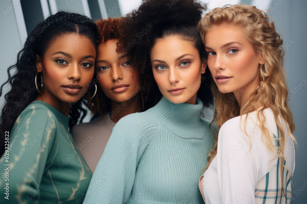 Obraz premium A diverse group of beautiful women and friends of different races and ethnicities, proud and confident in themselves, against a light blue background