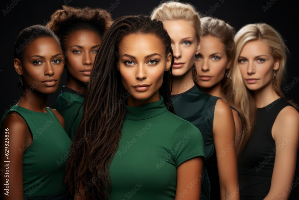 A diverse group of beautiful women and friends of different races and ethnicities, proud and confident in themselves, against a black background on International Women's Day
