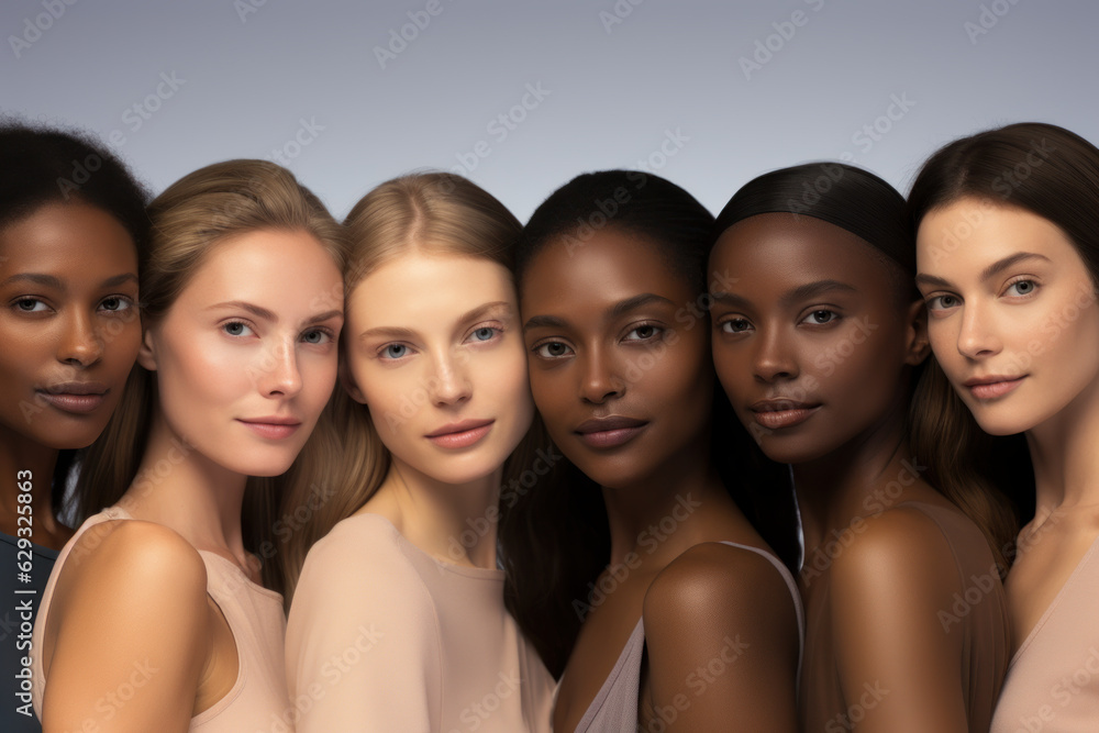 A diverse group of beautiful women and friends of different races and ethnicities, proud and confident in themselves, against a light gray background A diverse group of beautiful women and friends of different races and ethnicities, proud and confident in themselves, against a light gray background