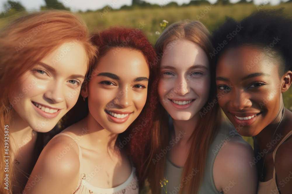 Friends of different races and ethnicities, proud and confident in themselves, take a selfie on a sunny day with the grass in the background