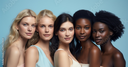 Friends of different origins, races and ethnicities, proud and confident in themselves, against a light blue background on International Women's Day concept
