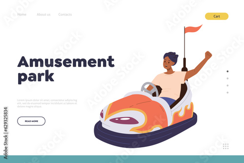 Amusement park landing page design template with happy teenager boy driving electric bumper car