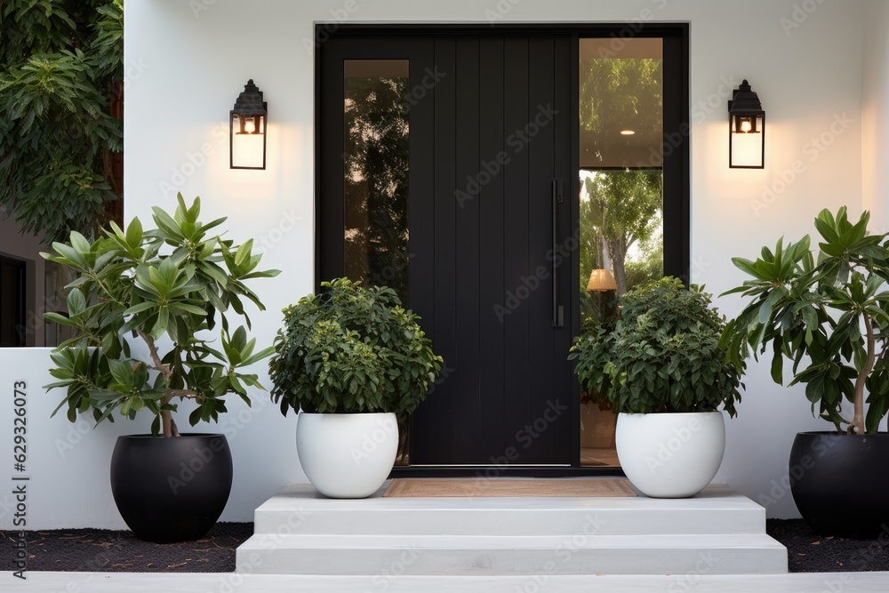 The entrance has a black front door contrasted against a white wall, along with light fixtures and potted plants.