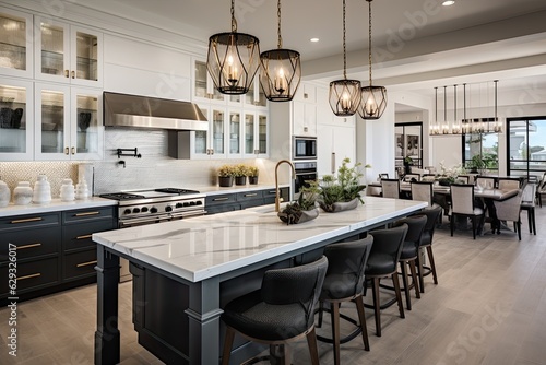 The kitchen space in the new luxury home has been designed and decorated with high end features and luxurious details.