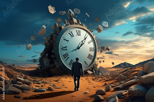 man standing in front of big clock, time spending and transience concept, generative AI