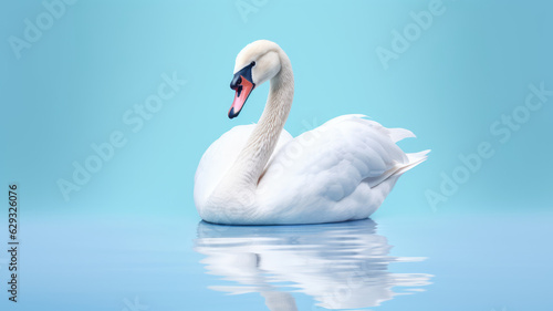 Advertising portrait  banner  gorgeous white swan and a reflection  isolated on light blue background