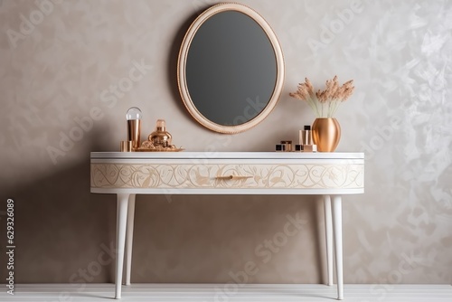 Leinwand Poster Vintage beige wooden dressing table with oval vanity mirror