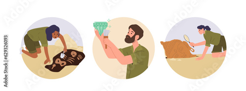 Isolated set of round icon composition showing young people archeologist with tools at work