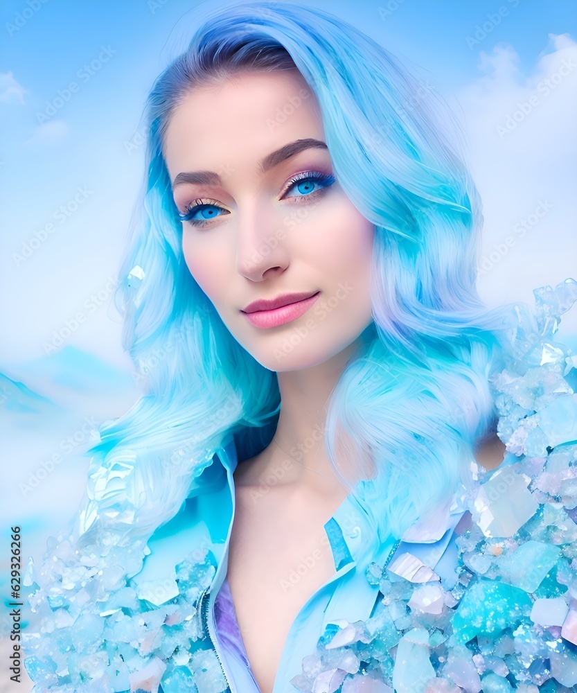 Beautiful model from altered real picture AI with blue hair and piercing blue eyes
