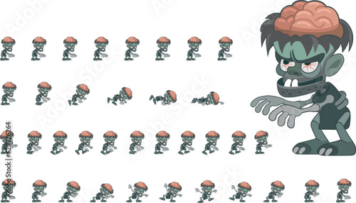Zombie with an open skull cap. For creating an action game in horror style. Game Animated Character. Game Sprite. Cartoon style 