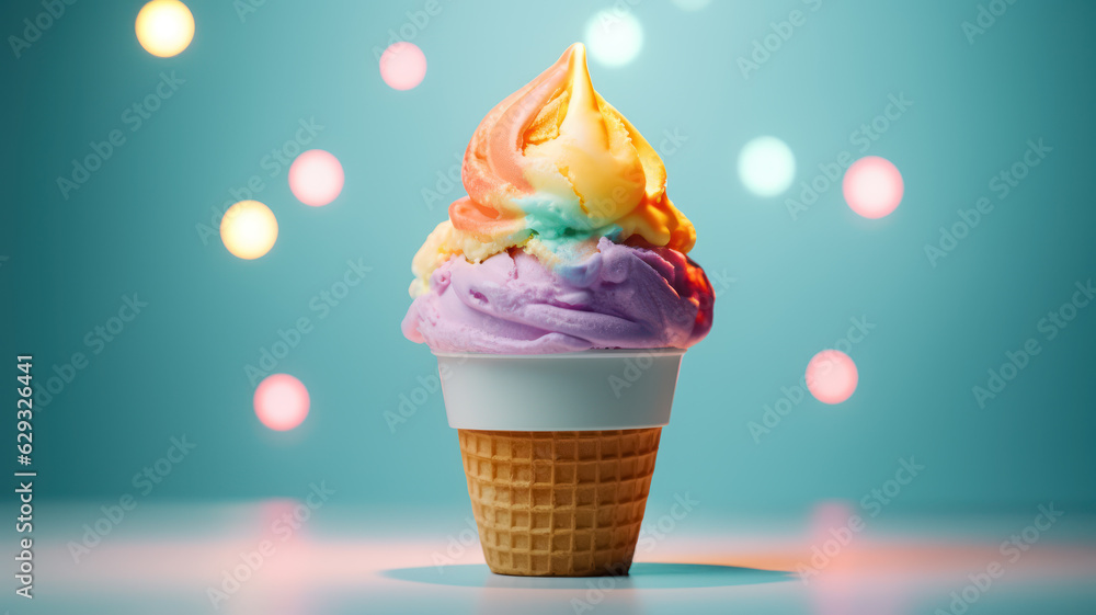 Multicolored cream ice cream in a waffle shaped cup on a blue background with lights. High quality illustration Multicolored cream ice cream in a waffle shaped cup on a blue background with lights. High quality illustration