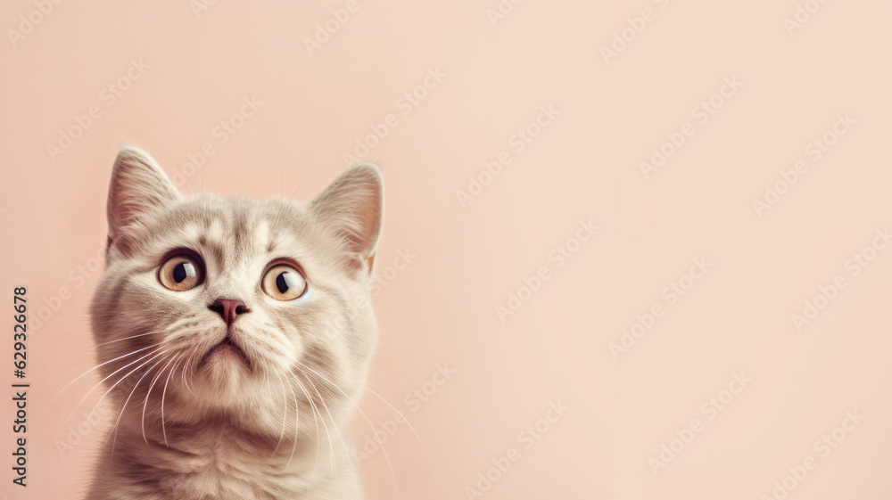 Advertising portrait, banner, wonder cute classic color cat looks up with yellow eyes, isolated on clean beige background. High quality illustration