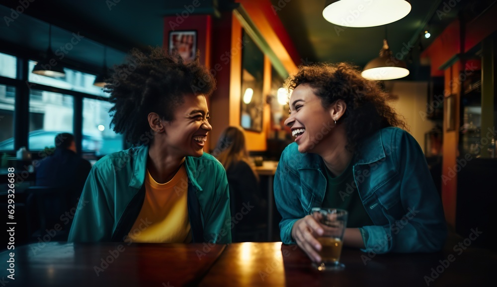 company of female friends in cafe or bar laughing and have fun together, generative AI
