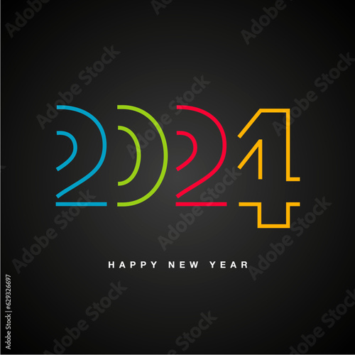 We wish you a Happy New Year 2024 new colorful half cut out double line design numbers 2024 black background greeting card
