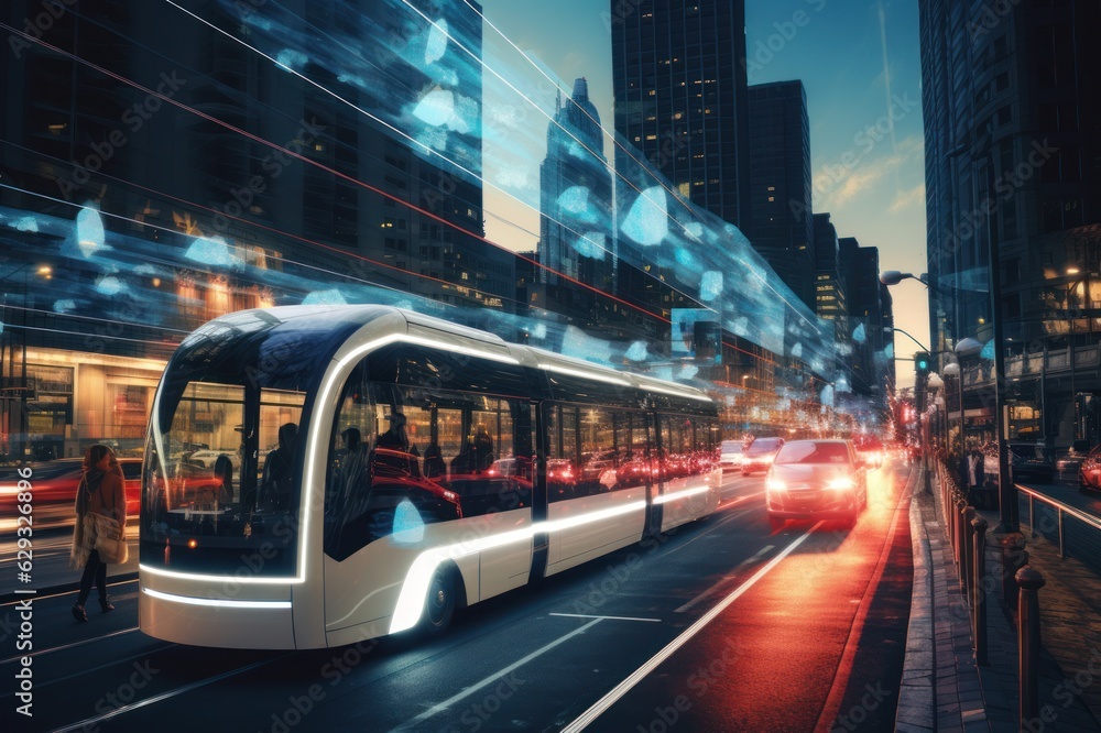 Image of future essence of urban innovation, highlighting how smart technologies enhance the efficiency and sustainability of a city's transportation systems Image of future essence of urban innovation, highlighting how smart technologies enhance the efficiency and sustainability of a city's transportation systems