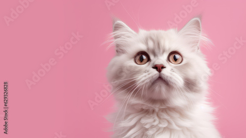 Advertising portrait, banner, wonder young kitty white color, fluffy wool, straight look, isolated on pink background. High quality illustration © NK Project