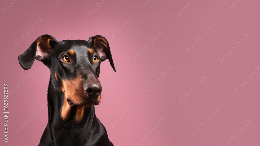 Advertising portrait, banner, serious doberman dog, observed look, isolated on neutral pink background. High quality illustration