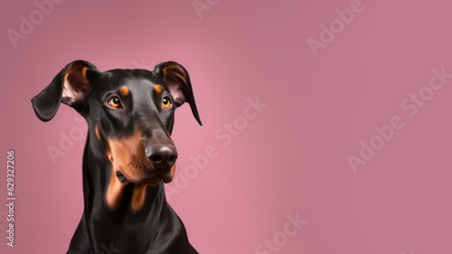 Advertising portrait, banner, serious doberman dog, observed look, isolated on neutral pink background. High quality illustration © NK Project