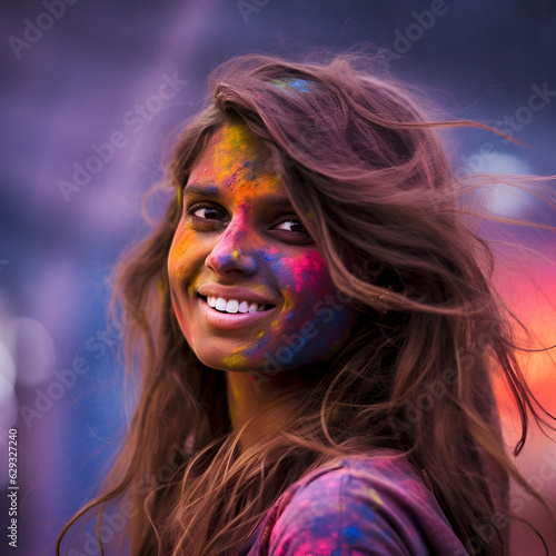 Holi Festival. Portrait of indian girl with powder paint on dress, Illustration, AI generation.