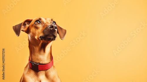 Advertising portrait, banner, redhead dog with red collar with concentraited look, isolated on yellow background. High quality illustration