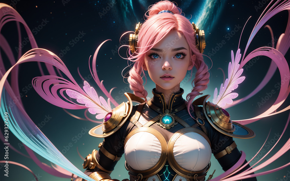Chinese anime girl with cyberpunk futuristic style. Pink hair game character woman. Chinese anime girl with cyberpunk futuristic style. Pink hair game character woman.