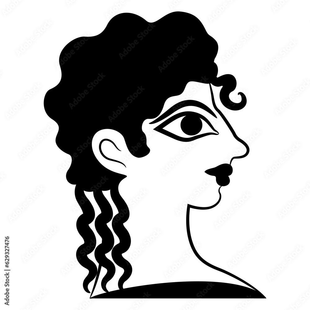 Head of Cretan Minoan girl. Female portrait in profile. Pretty woman or goddess. La Parisienne fresco from Knossos. Black and white silhouette. - obrazy, fototapety, plakaty 
