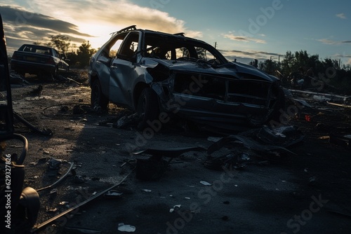 Wrecked car in the city.