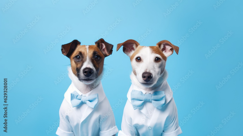 Advertising portrait, banner, funny dogs newlyweds with blue bow ties, isolated on blue background. High quality illustration