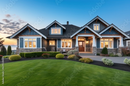 The front view of a newly built home is enhanced by a picturesque surrounding of vibrant green grass and a clear blue sky at sunrise. This appealing exterior beckons potential buyers or renters © 2rogan