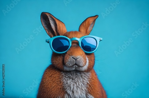 portrait of a fluffy domestic rabbit whit glases