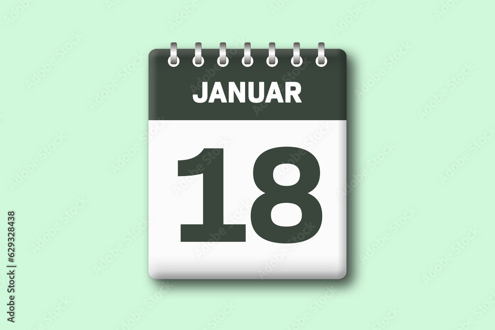 18. Januar - Die Kalender Illustration zeigt ein Kalenderblatt auf gr?nem Hintergrund. Achtzehnter Tag vom Monat Januar 18. Januar - Die Kalender Illustration zeigt ein Kalenderblatt auf gr?nem Hintergrund. Achtzehnter Tag vom Monat Januar