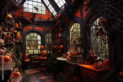 The inside of the house is adorned with Halloween themed decorations such as pumpkins  spider webs  and spiders.