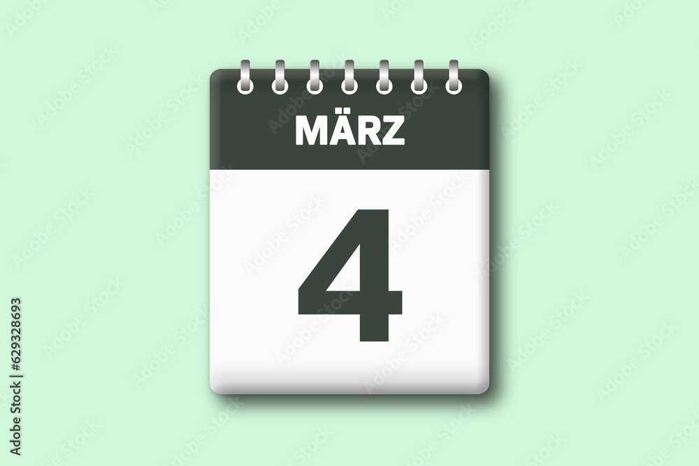 4. M?rz - Die Kalender Illustration zeigt ein Kalenderblatt auf gr?nem Hintergrund. Vierter Tag vom Monat M?rz 4. M?rz - Die Kalender Illustration zeigt ein Kalenderblatt auf gr?nem Hintergrund. Vierter Tag vom Monat M?rz