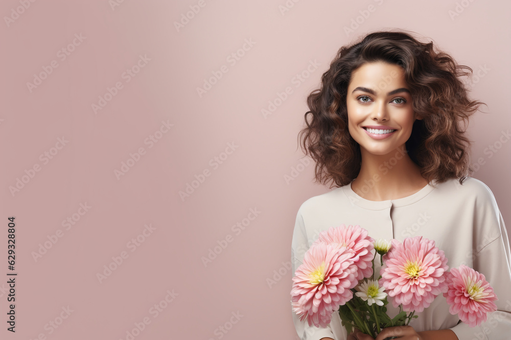 woman with flowers. banner with simple background and empty space for text. on the right is a smiling girl with a bouquet. postcard