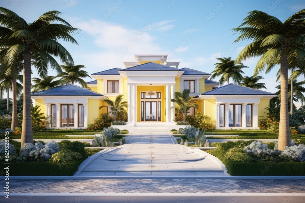 The front of the yellow house is adorned with majestic palms, elegant white columns, and a charming sidewalk leading up to a spacious driveway and garage. Illuminating the scene is a streetlight The front of the yellow house is adorned with majestic palms, elegant white columns, and a charming sidewalk leading up to a spacious driveway and garage. Illuminating the scene is a streetlight