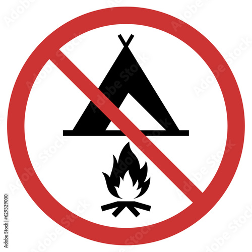 Vector graphic of sign indicating that camping and lighting a fire are prohibited
