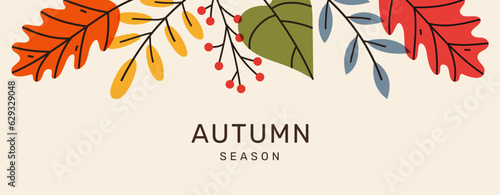 Autumn seasonal minimal banner with border bright leaves with place for text. Trendy modern background. Template for advertising, web, social media.