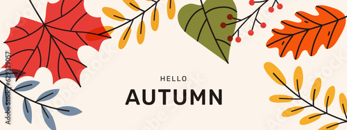 Autumn seasonal background with border bright beautiful leaves with place for text. Trendy modern design. Template for banner, web, social media.