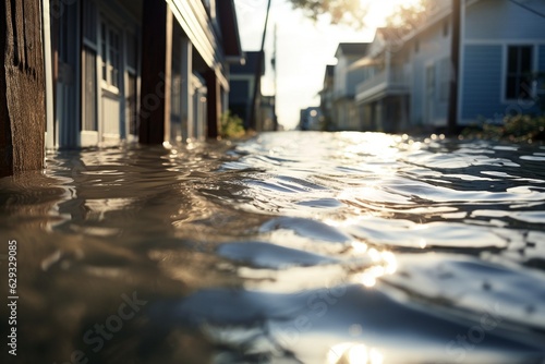 A close up of floodwaters overtaking streets.
