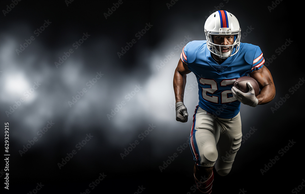 An American football player in a white and blue uniform and a helmet Runs with a ball in his hands. Black background with white smoke. Generative Ai