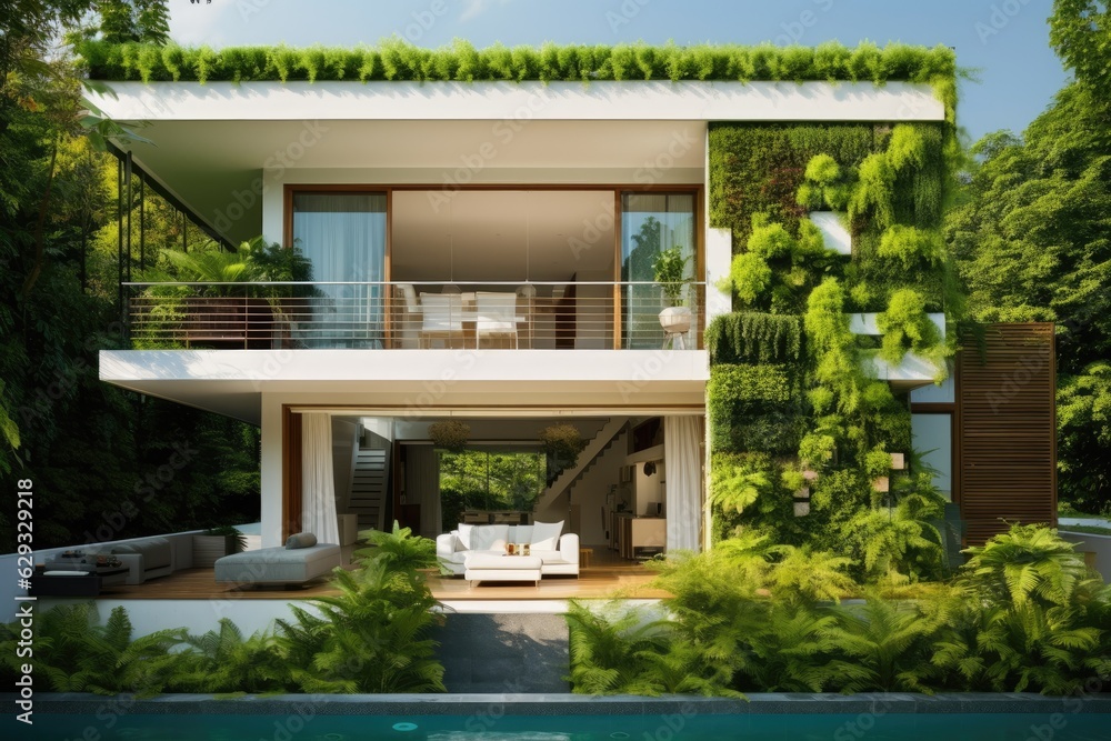 The healthy home concept involves creating a green garden backdrop that blurs seamlessly with the exterior of the house.