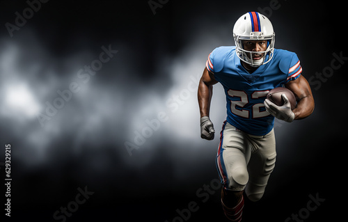 An American football player in a white and blue uniform and a helmet Runs with a ball in his hands. Black background with white smoke. Generative Ai
